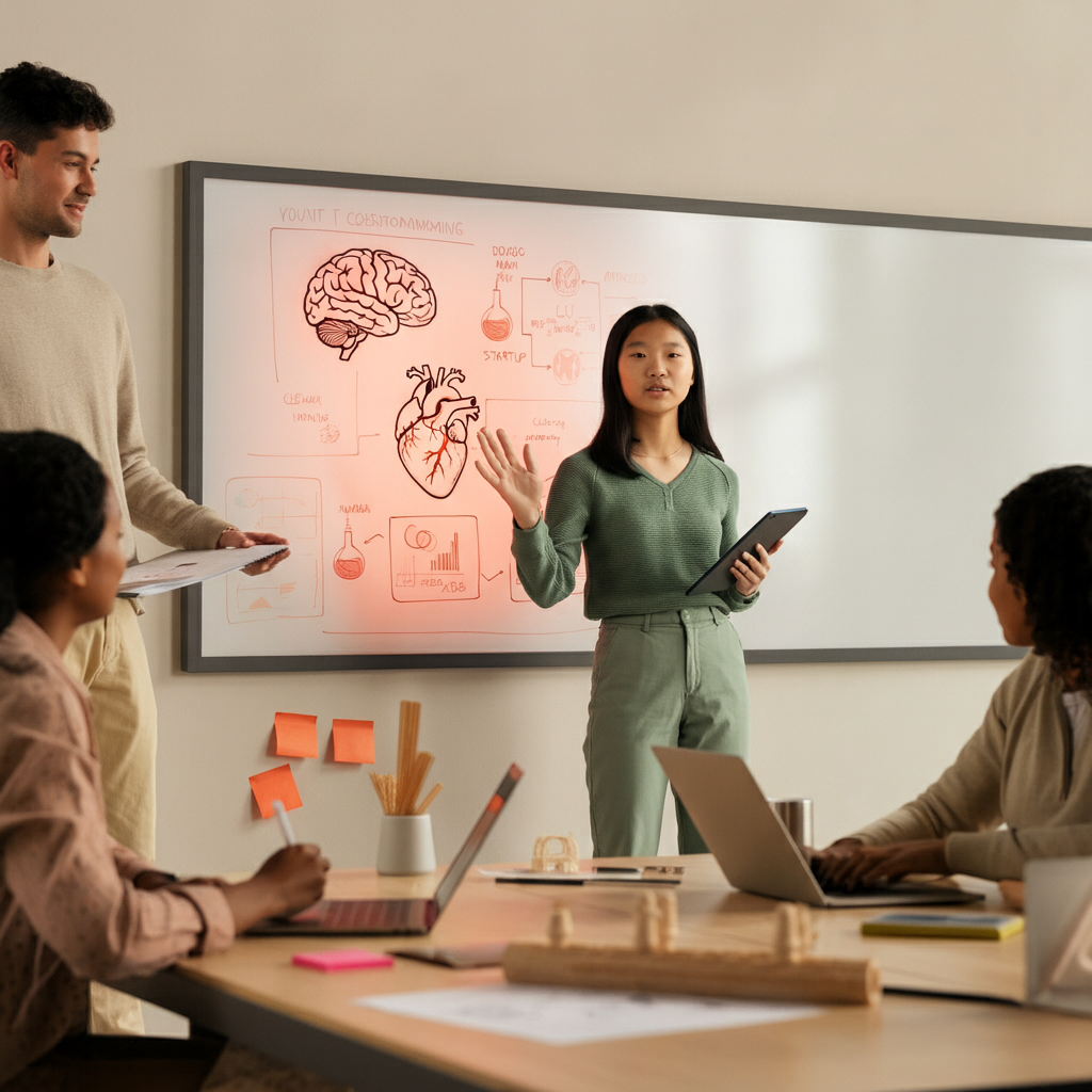 High school student presenting a science, medicine, and business project on brain and heart anatomy to peers and a mentor in a modern STEM learning space.