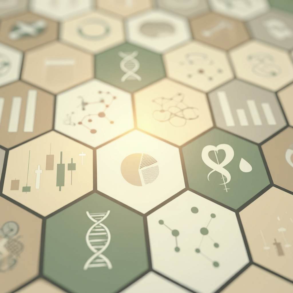 Hexagonal icons showing DNA strands, medical symbols, and data charts, representing Pebble Circle’s high school biostatistics project using Python for data analysis.