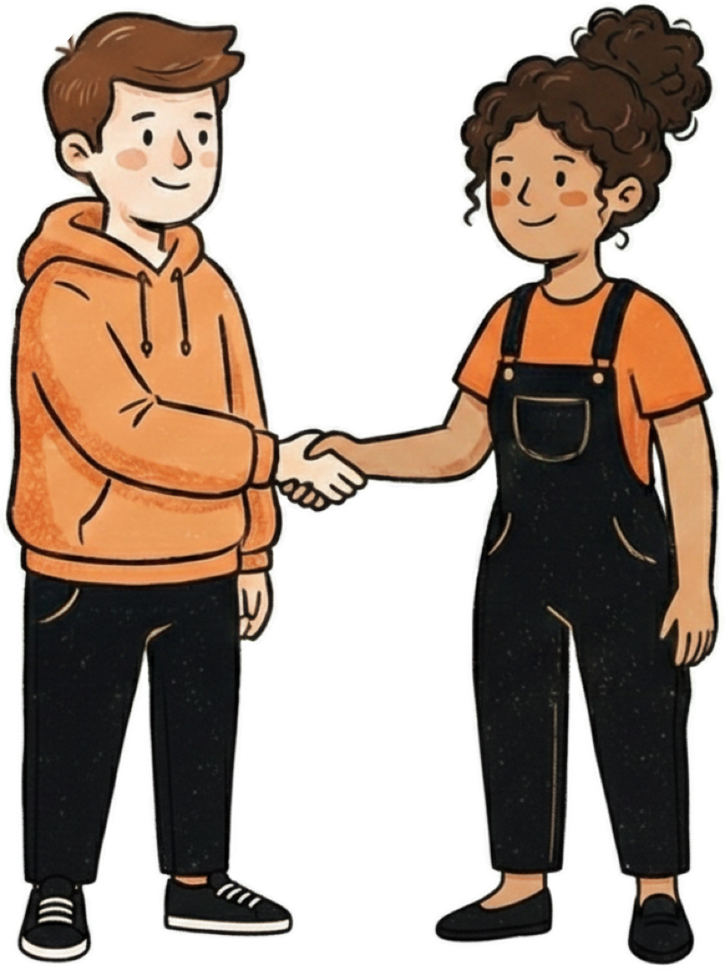 Illustration of two people shaking hands, symbolizing partnership opportunities between Pebble Circle and other educational and nonprofit organizations.