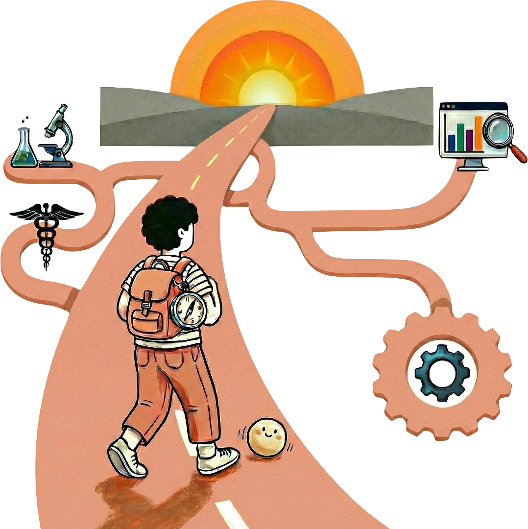 A high school student and a pebble character walking along a branching career path representing career exploration and featuring icons for medicine, science, engineering, and business.