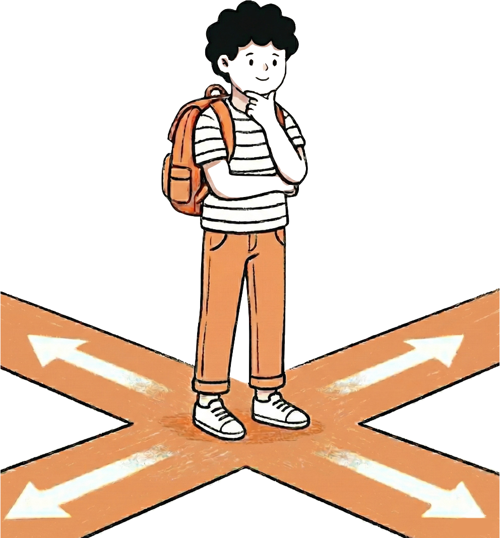 Illustration of a student at an intersection of paths, representing uncertainty about career direction, where to begin, and which skills to build.