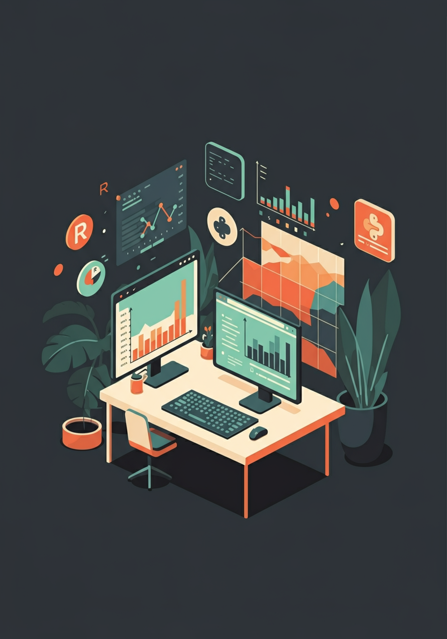 Illustration of a desk with dual monitors displaying charts, graphs, spreadsheets, and coding interfaces for Python and R, representing Pebble Circle’s high school data analytics project.