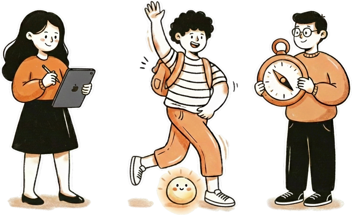 Three cartoon characters: a girl with long black hair using a tablet, a cheerful boy in striped shirt and orange pants waving, and a boy with glasses holding a clock, standing on black background.
