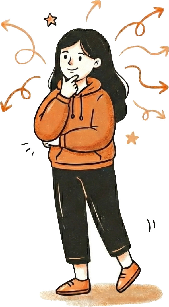 Illustration of a girl with black hair in an orange hoodie, black pants, and orange shoes, standing with one hand on her chin.