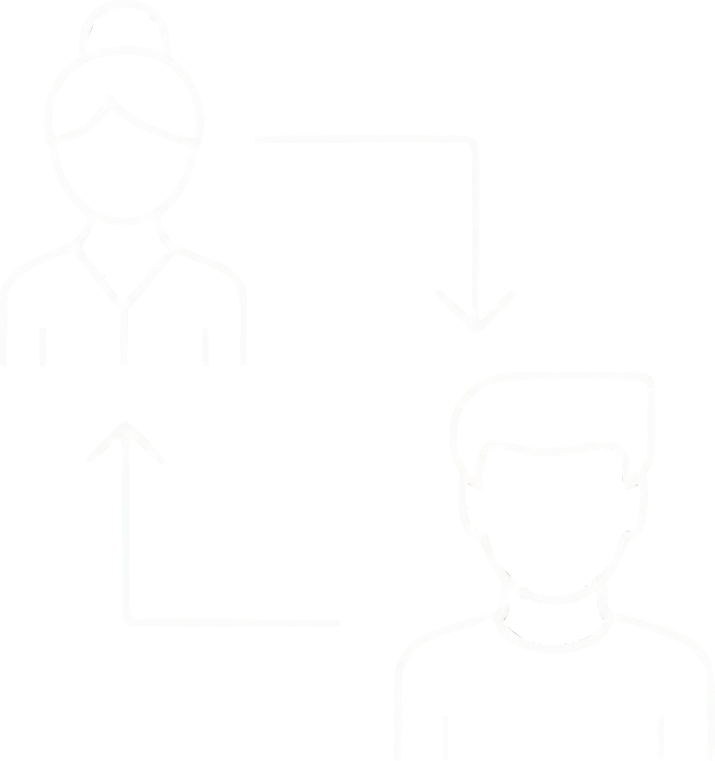 Black background with white line art illustrations of a woman with a bun and a man with short hair, connected by arrows indicating a two-way relationship or communication.