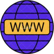A globe with a purple grid and a yellow bar with 'WWW' written on it, symbolizing the World Wide Web.
