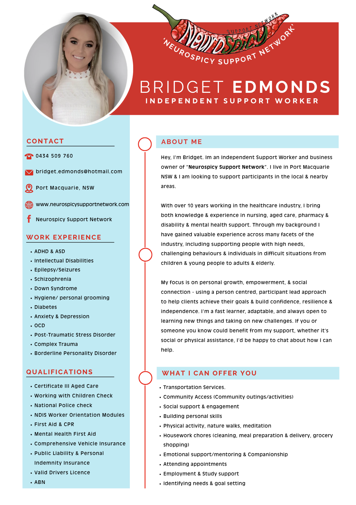 Business card of Bridget Edmonds, an independent support worker. The card features her photo, contact details, work experience in healthcare, qualifications, and services offered. The design includes a red and light blue color scheme with a chili pepper graphic at the top.
