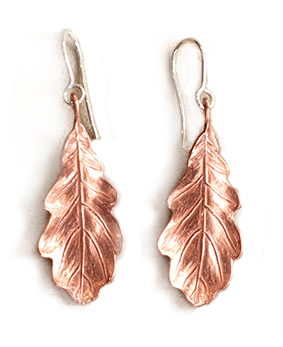 Rose gold leaf-shaped dangling earrings with hooks.