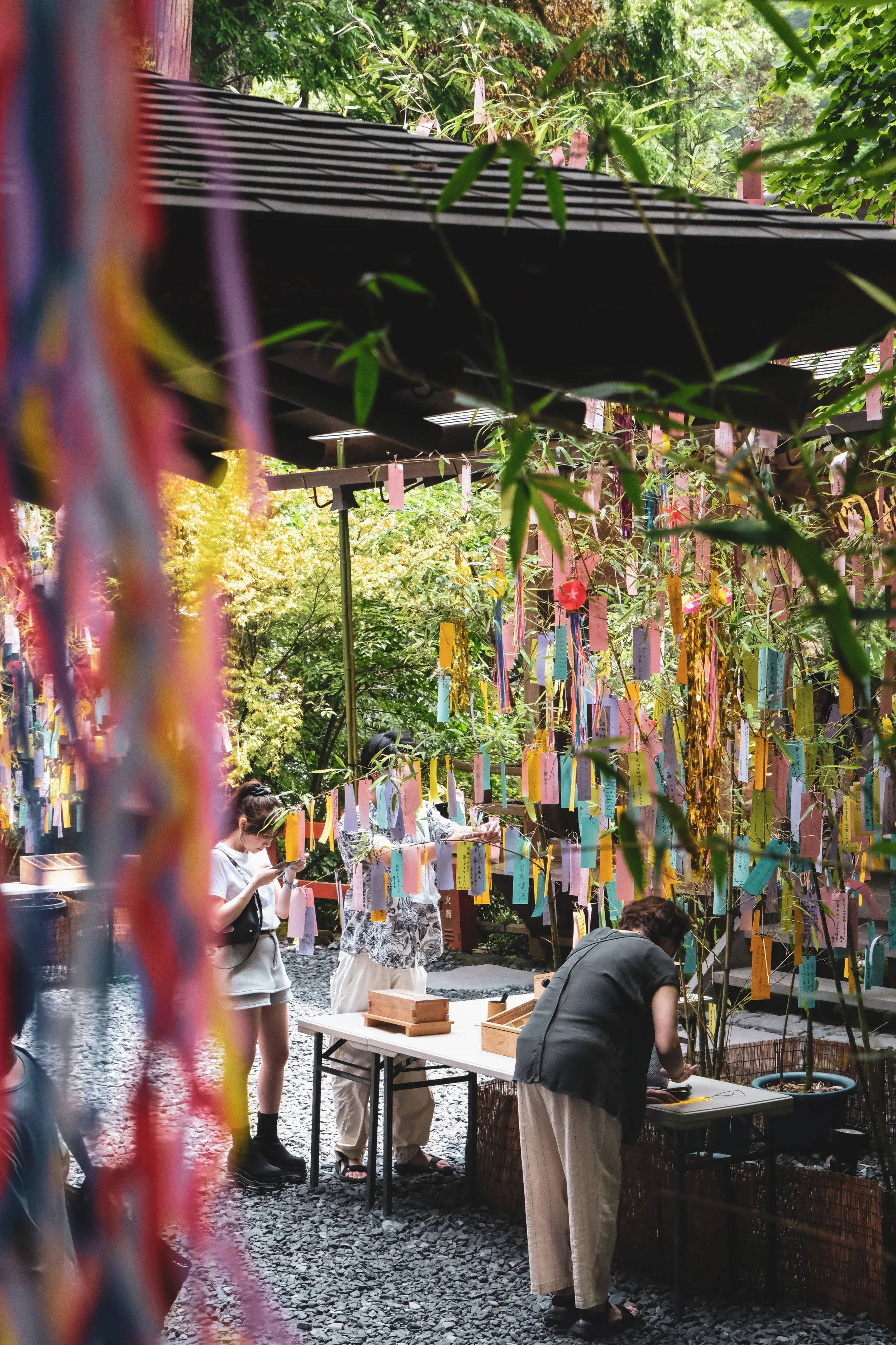 People hanging colorful paper strips and ribbons on bamboo branches in a garden, likely for a festival or cultural activity.
