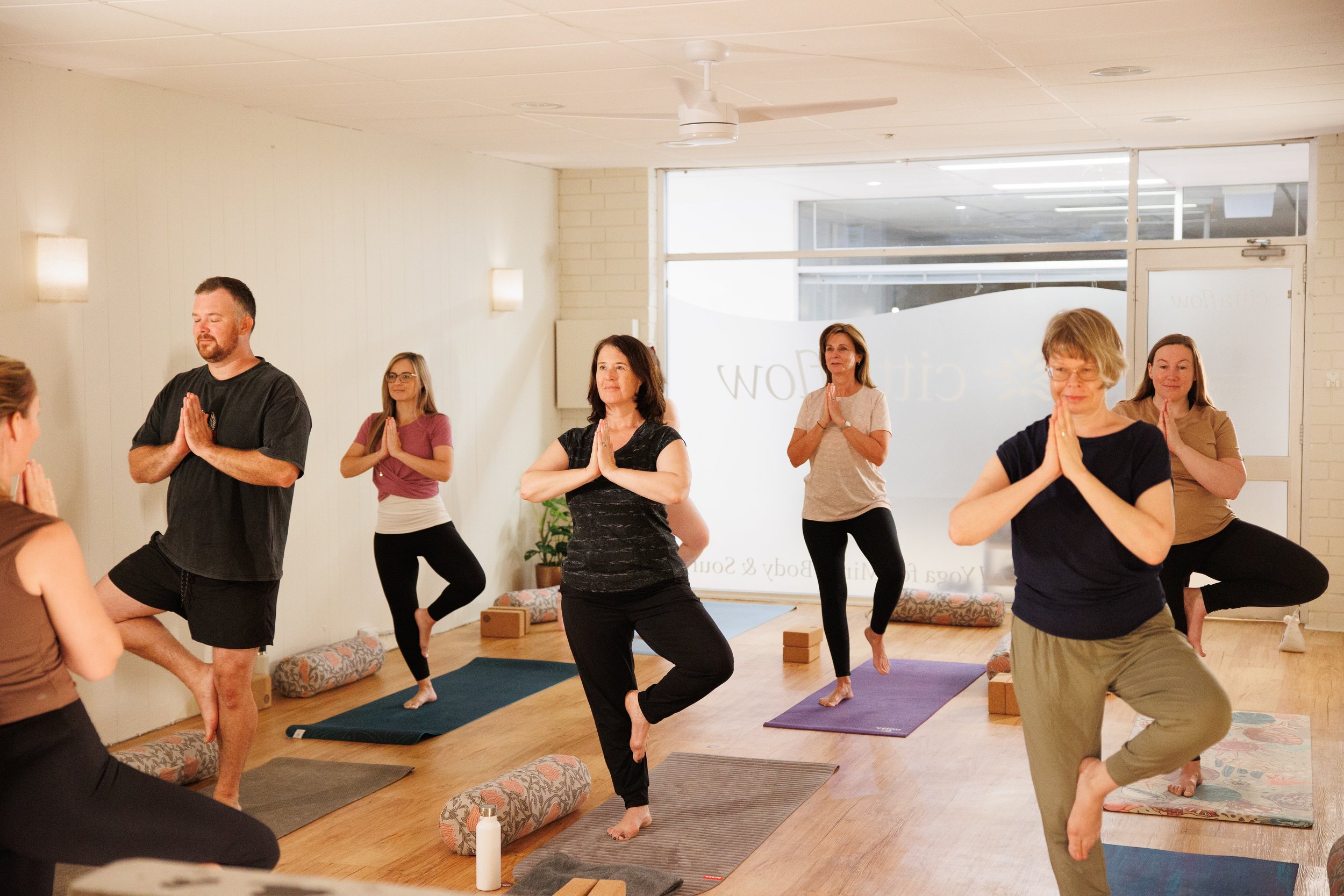 People practicing yoga in a yoga studio, standing on yoga mats, in a tree pose, with some people wearing glasses, and a large window in the background.