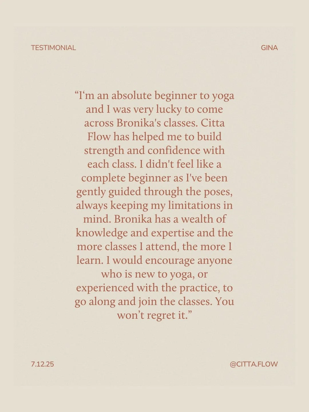 Starting yoga can be intimidating, but our small and friendly Citta Flow community makes sure everyone feels right at home! ✨

We love hearing how beginners find their stride and confidence in the studio. Here&rsquo;s what a lovely student, Gina, had