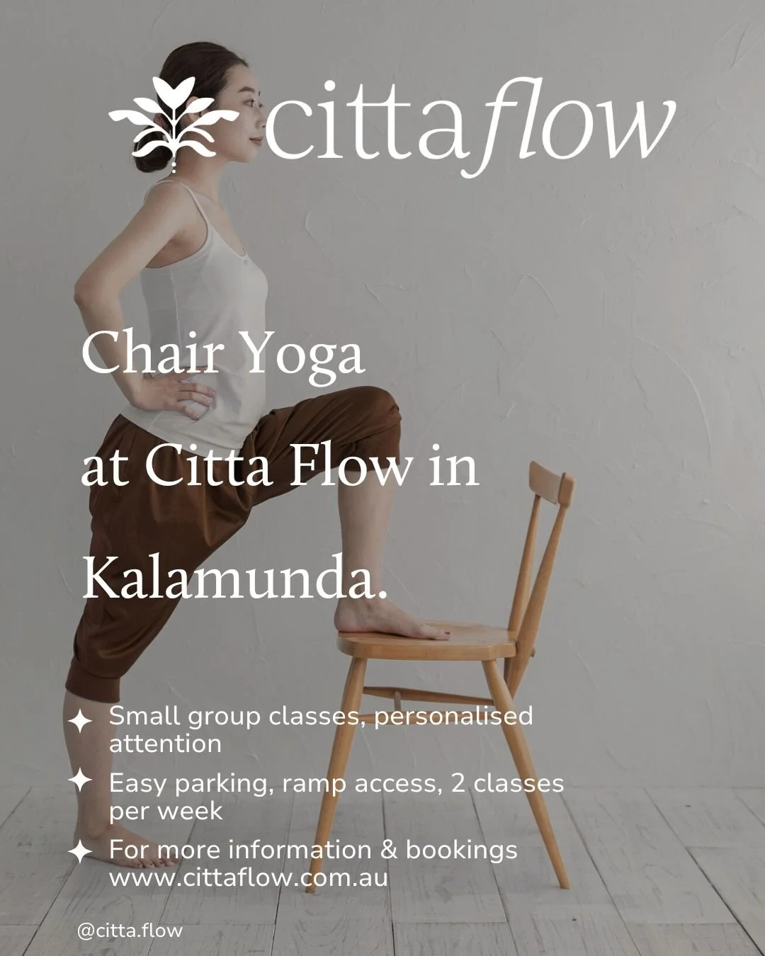 Chair Yoga at Citta Flow offers a gentle, accessible way to move, breathe, and feel more at ease in your body.

These supportive classes are designed for those who prefer to practise seated or need extra stability, whether due to injury, balance conc