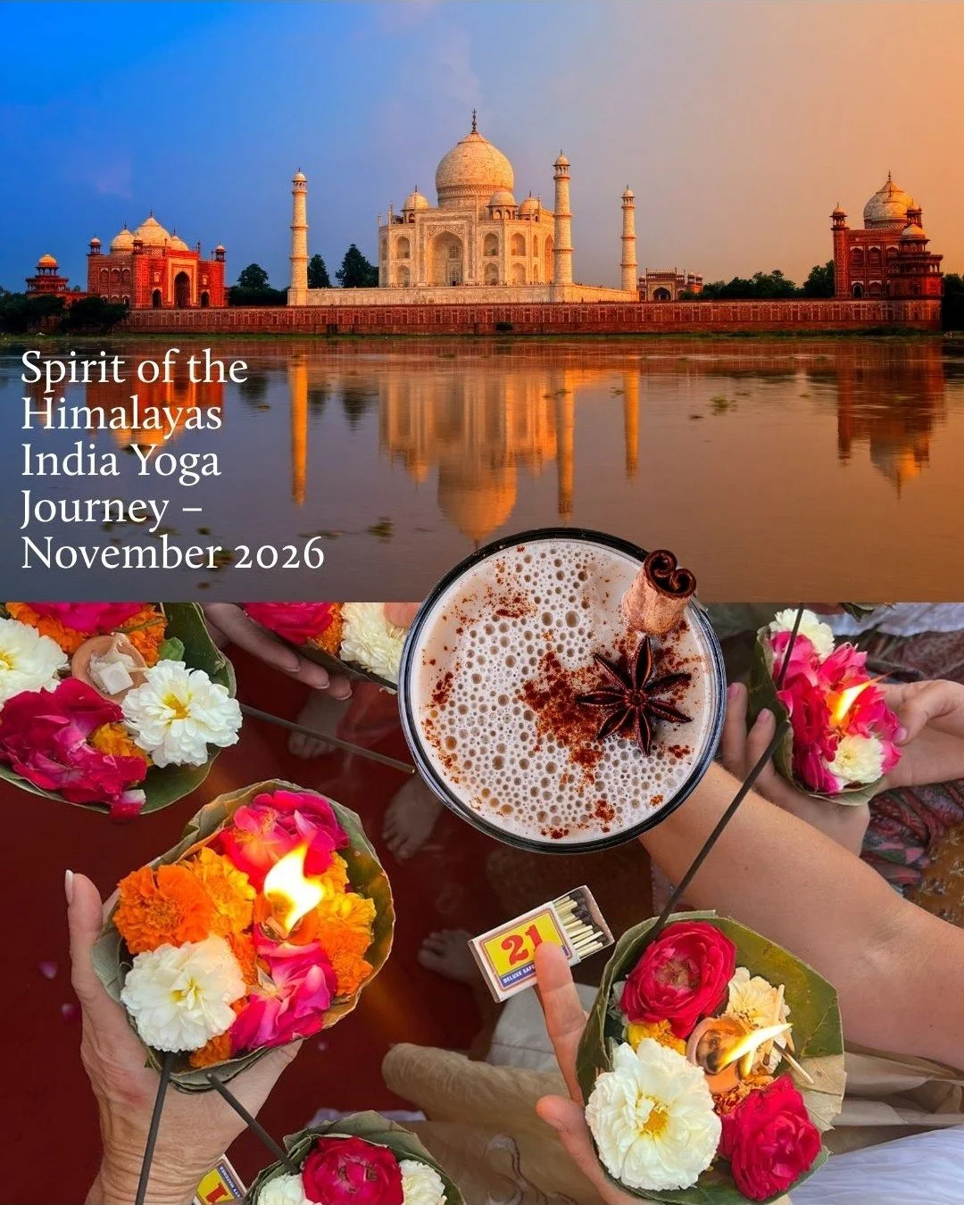 India Yoga Journey 2026
12&ndash;22 November

Practise daily Hatha in Rishikesh.
Watch sunrise over the Himalayas.
Stand before the Taj Mahal at dawn.

A small-group, carefully guided journey to experience yoga in its birthplace &mdash; with depth, s