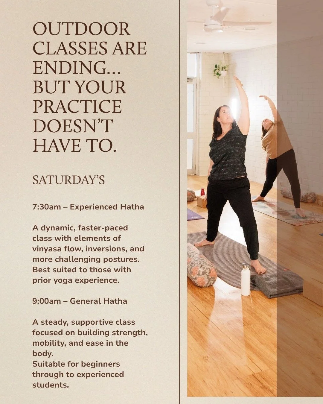 🌿 Saturday Morning Yoga (Rain or Shine)
As the weather cools and outdoor classes begin to wind down, this is your space to stay consistent.

Our Saturday morning classes run every week&mdash;warm, welcoming, and unaffected by the weather.

7:30am &n