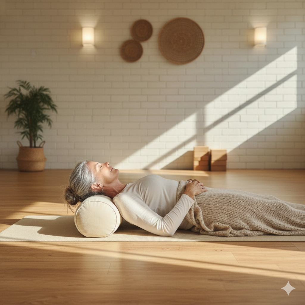 Women lying down doing restorative yoga