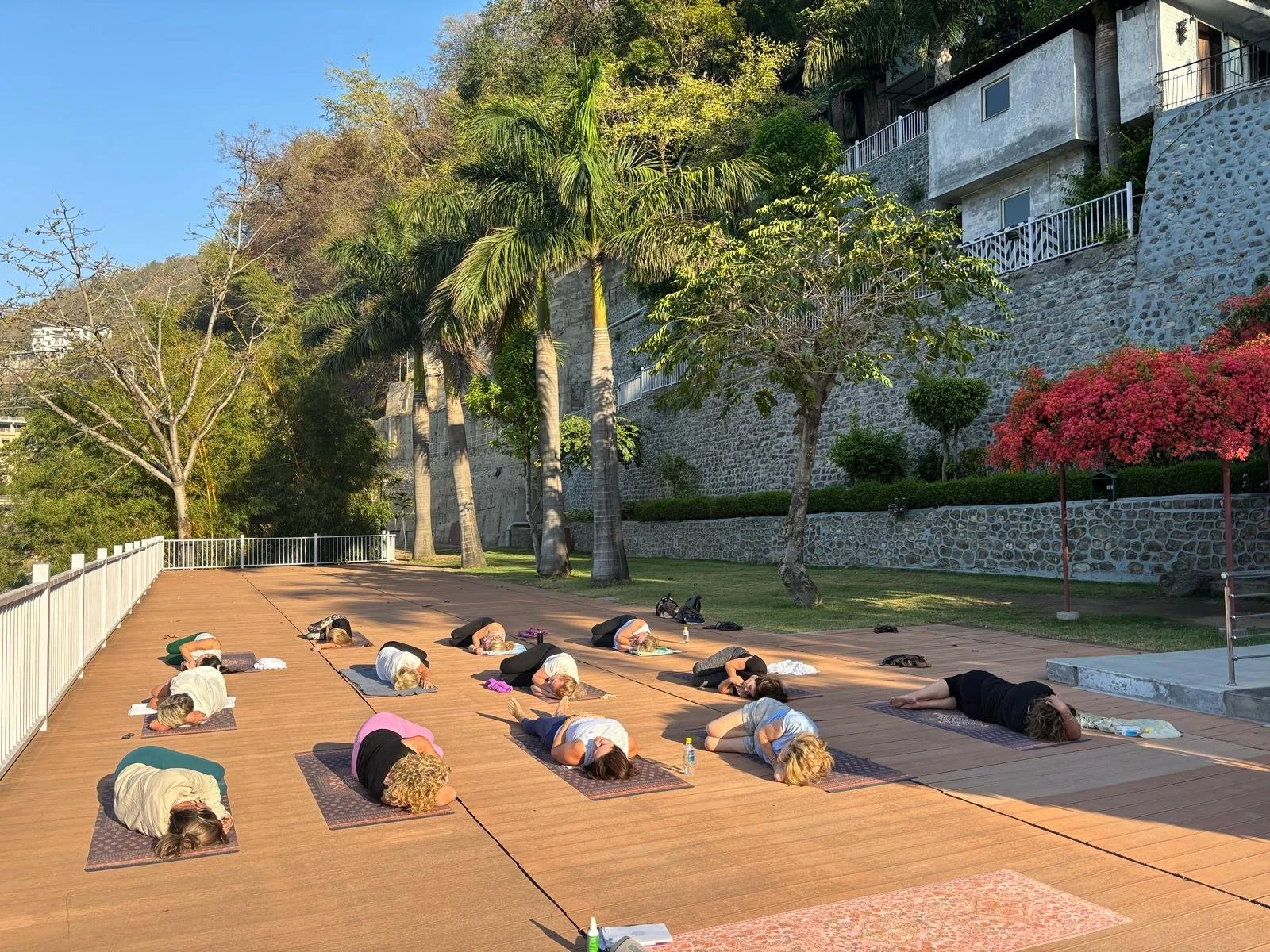 Group of people practicing yoga outdoors on a wooden deck with trees, shrubs, and buildings in the background during sunny weather.