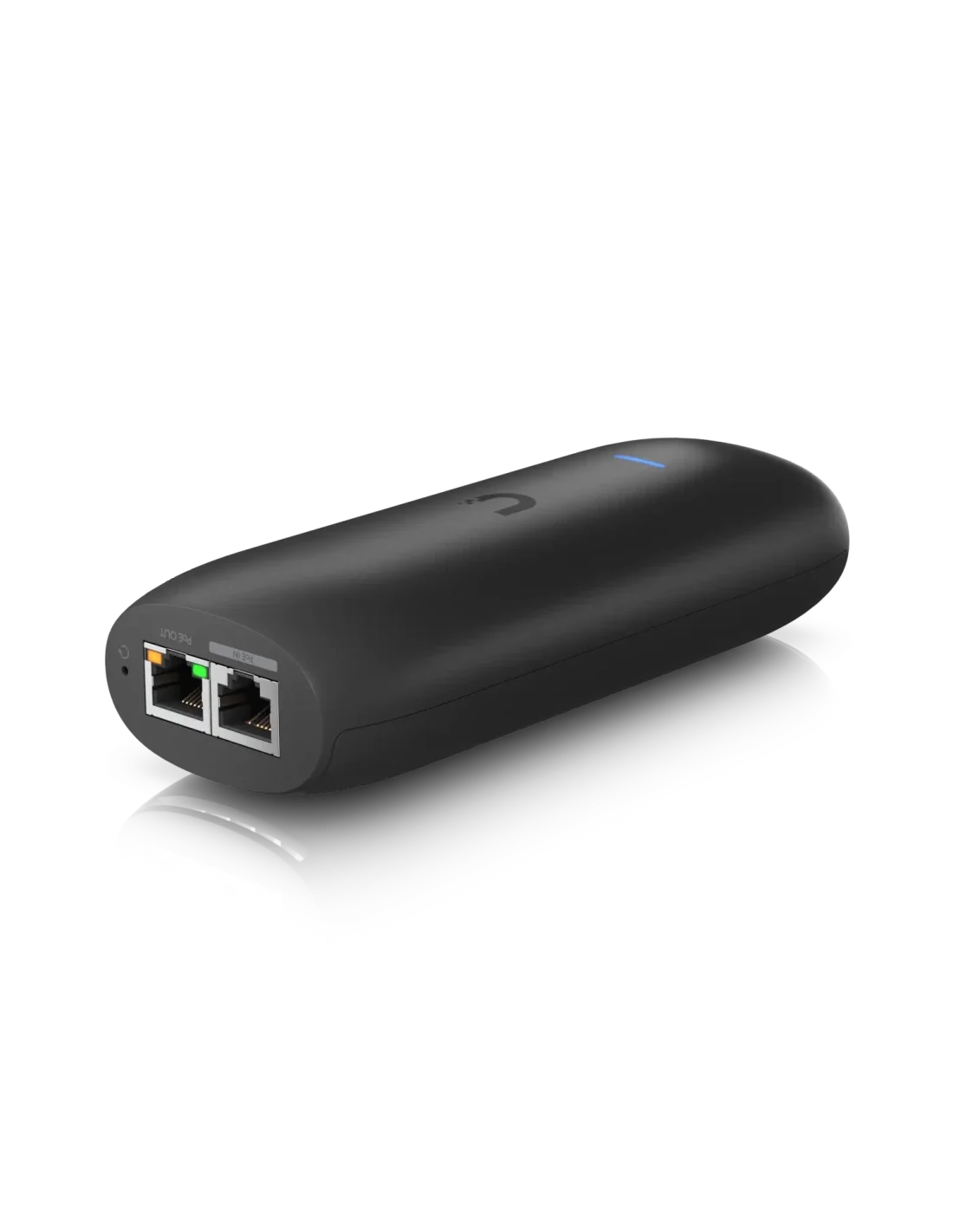 Black portable battery pack with two Ethernet ports and a power button, placed on a reflective surface.