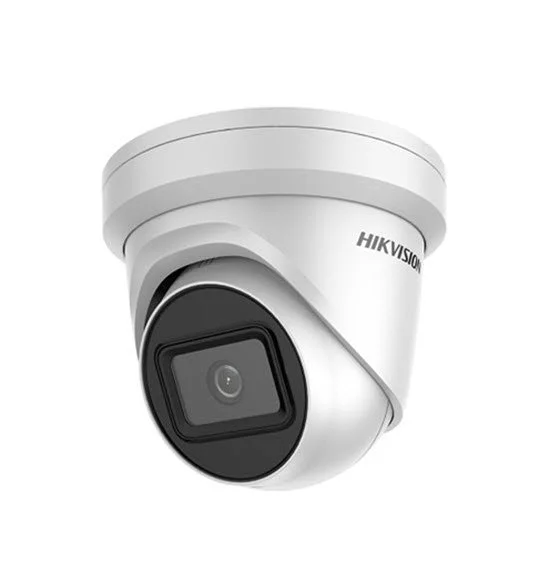 White Hikvision security camera with black lens