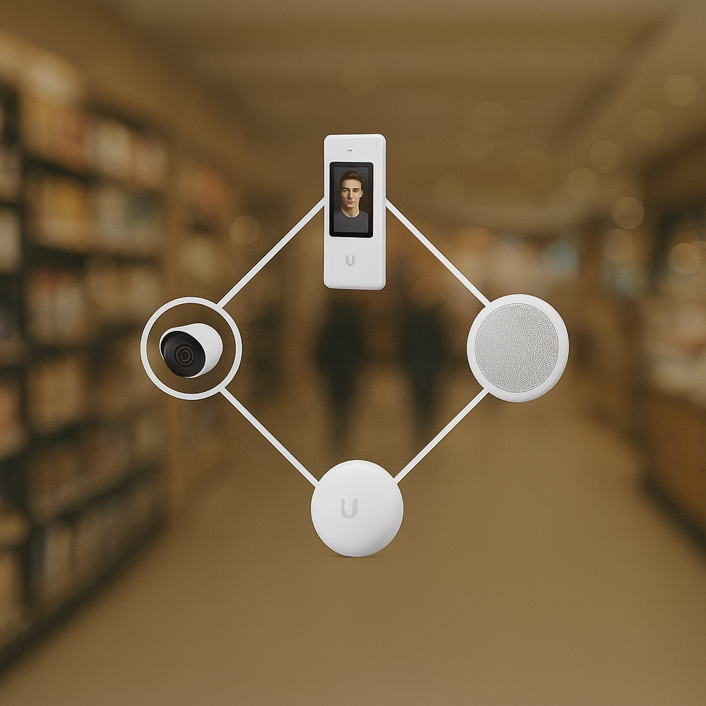 Smart home security system components including a camera, a touchscreen control panel with a person's face, a speaker, and a hub, all suspended in the air in a blurred bookstore or library background.