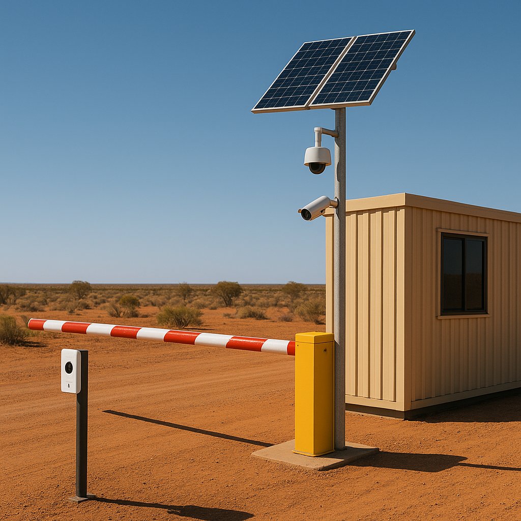 Solar panels installed on top of a security post at a remote guardhouse in a desert landscape.