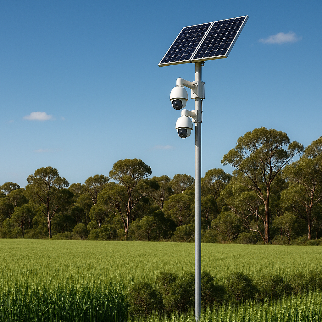 Solar-powered security cameras on a pole in a green field with trees in the background and a clear blue sky.