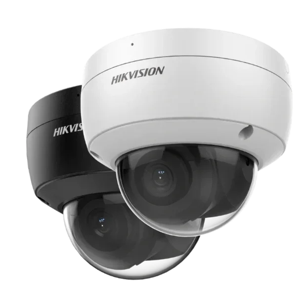 Two Hikvision dome security cameras, one black and one white, viewed from below.