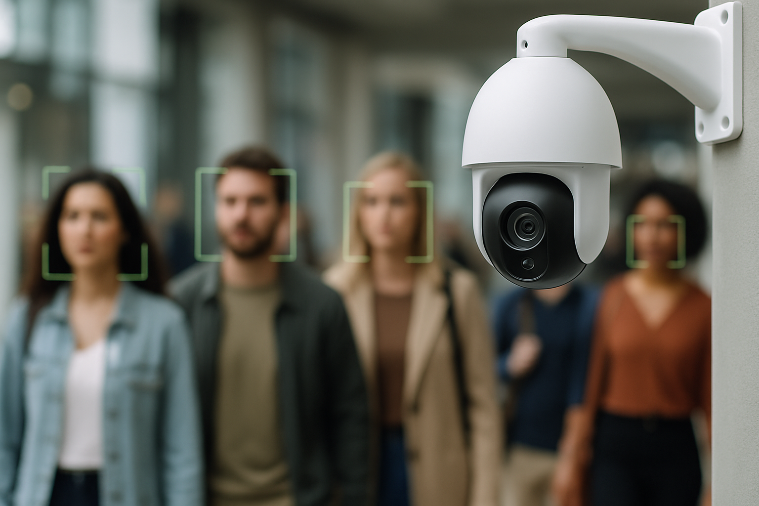 Security camera monitoring a group of people walking in a public space, with face recognition highlights on the individuals.