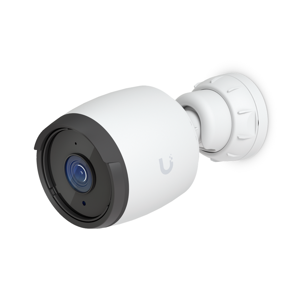 Close-up of a white security camera with a black lens, mounted on a white bracket, on a black background.