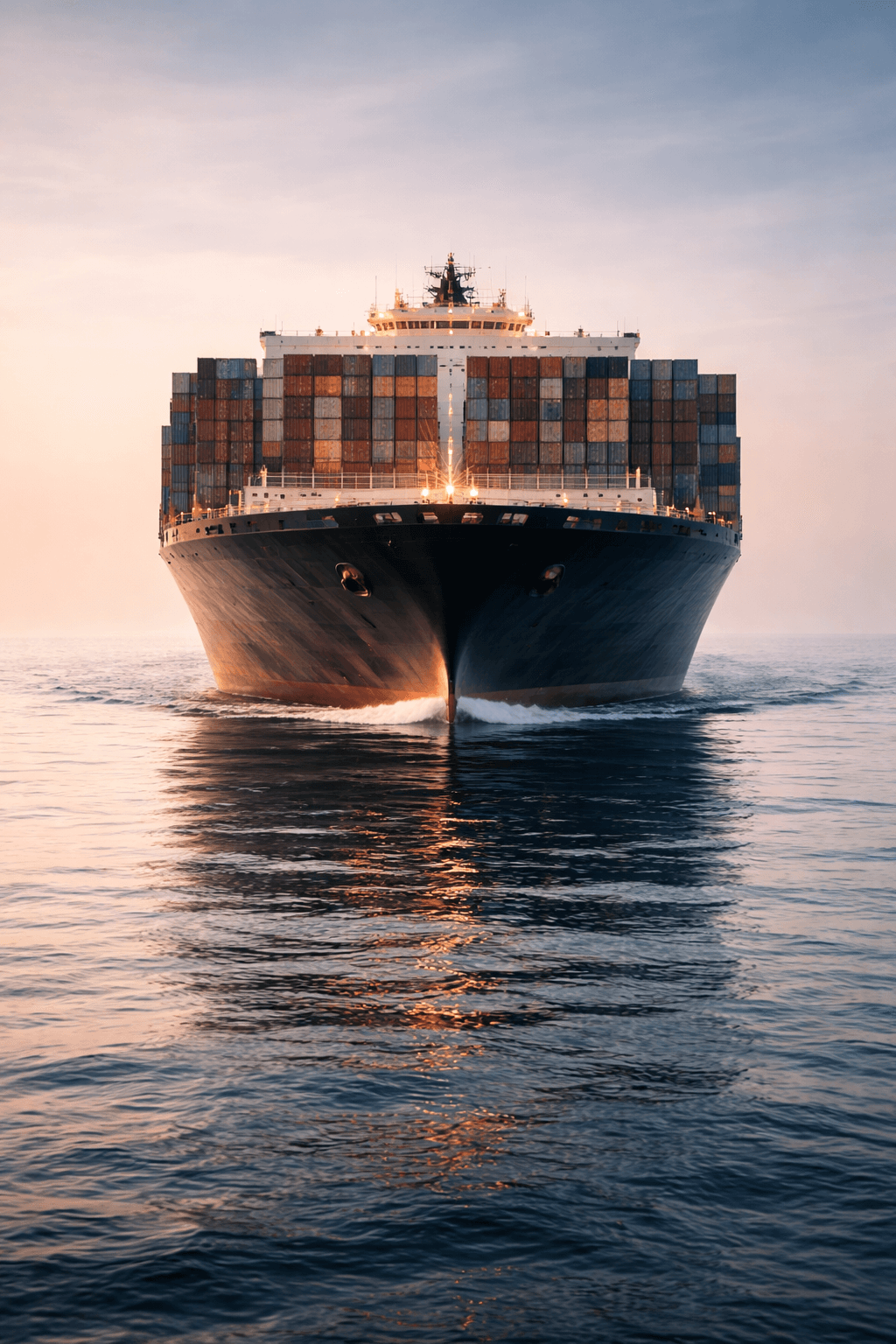 Container ship sailing across calm ocean waters