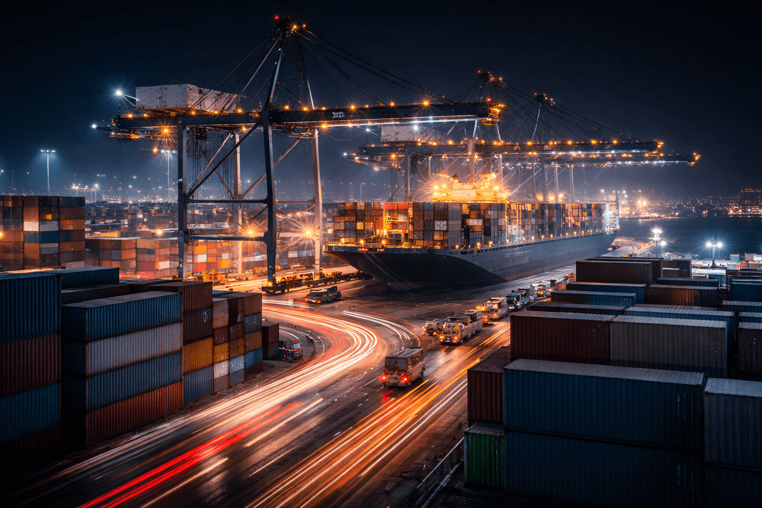 Busy shipping port at night