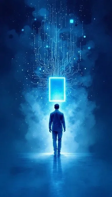 A man standing in front of a digital glowing rectangle with circuit lines and data points extending upward into a blue, starry sky.