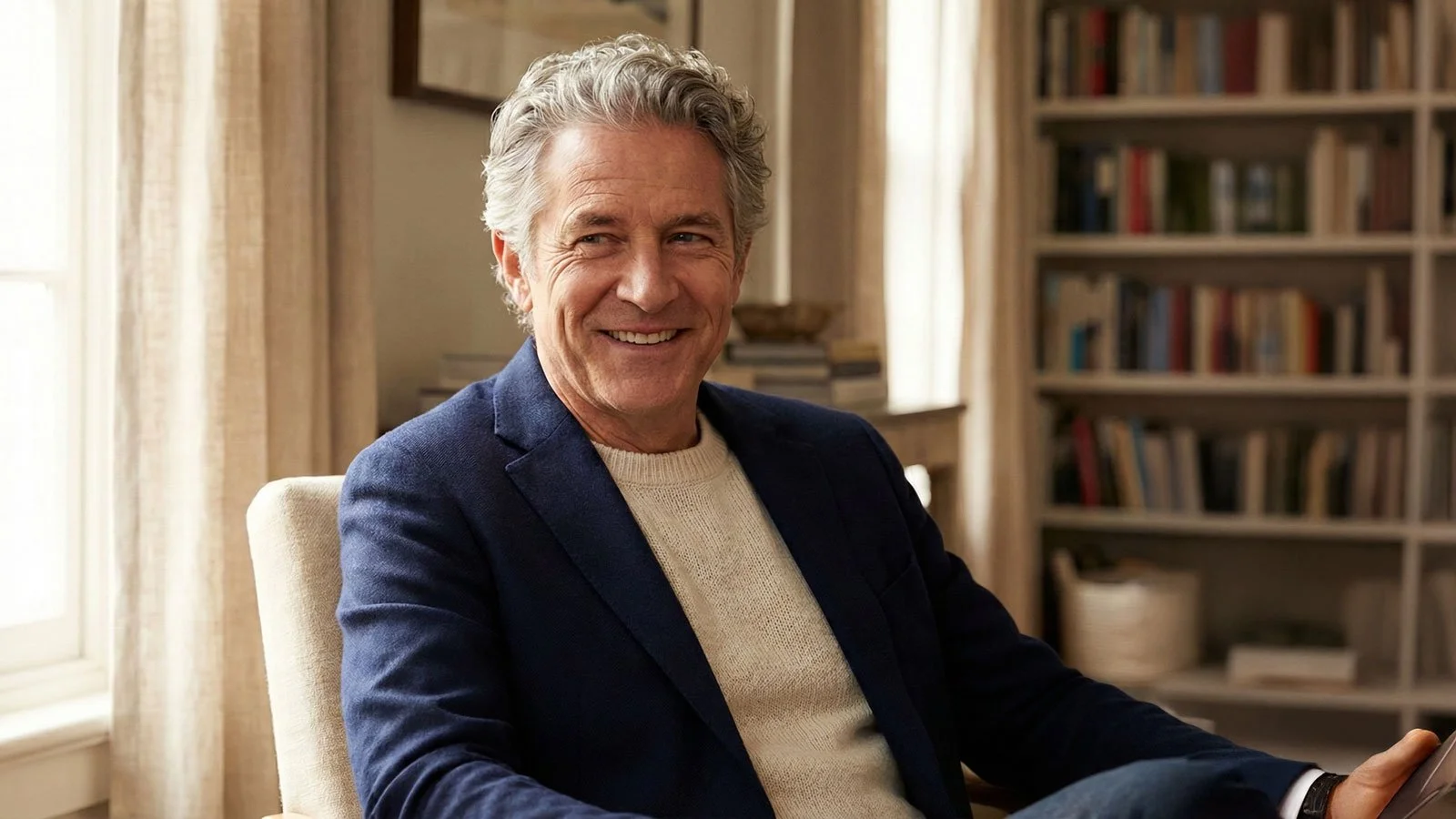 rofessional lifestyle portrait of confident male person in their 50s with healthy full hair, natural smile, soft morning light through window