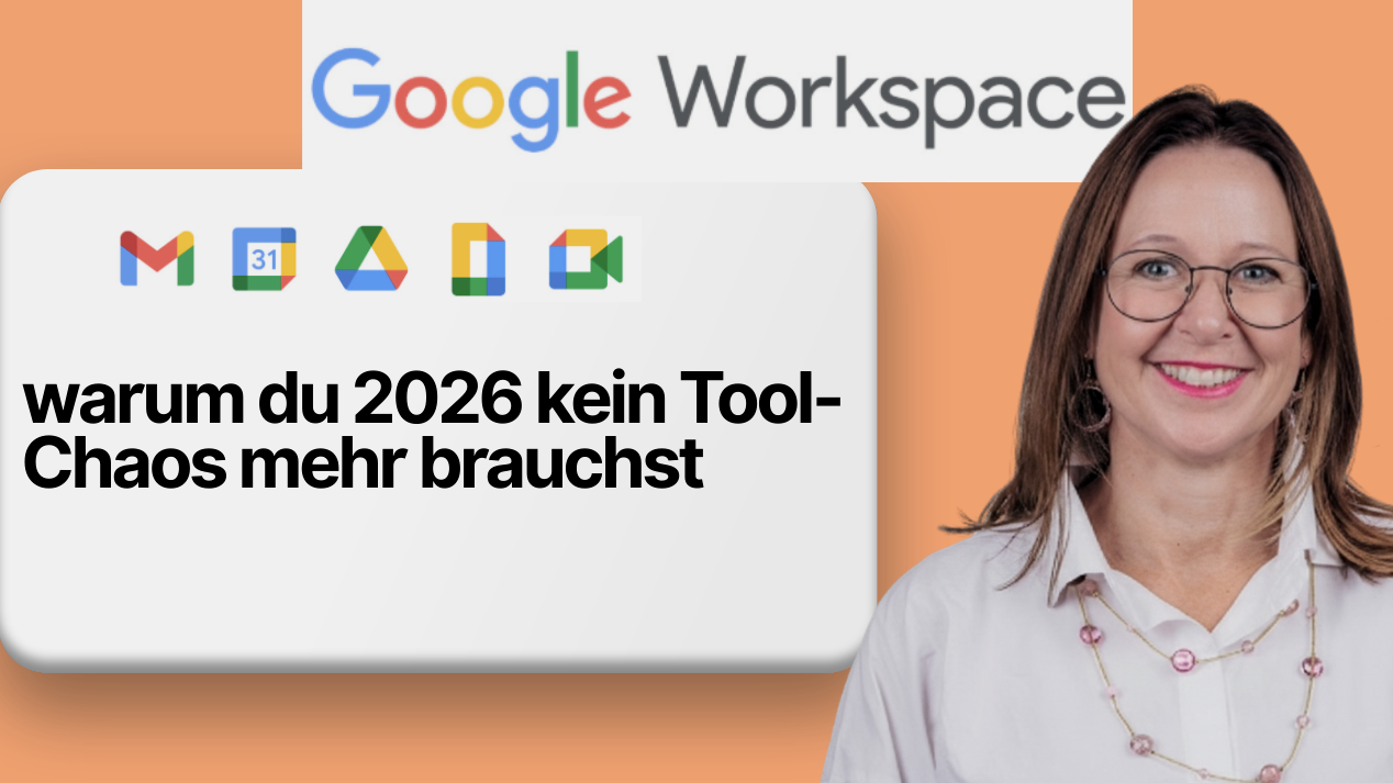 A woman with glasses and a white blouse smiling in front of a Google Workspace promotional graphic with German text.