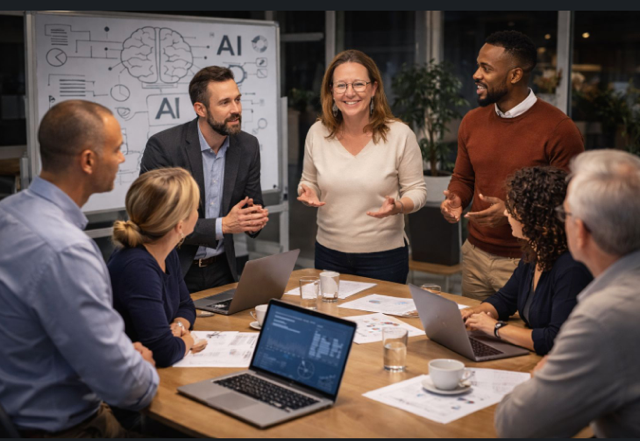 A diverse group of people in a business meeting around a table, with one woman standing and speaking, while others listen and work on laptops, in a modern conference room.