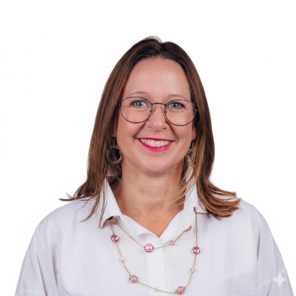 A woman with shoulder-length brown hair, glasses, and pink lipstick, smiling at the camera, wearing a white shirt and a pink beaded necklace against a plain white background.