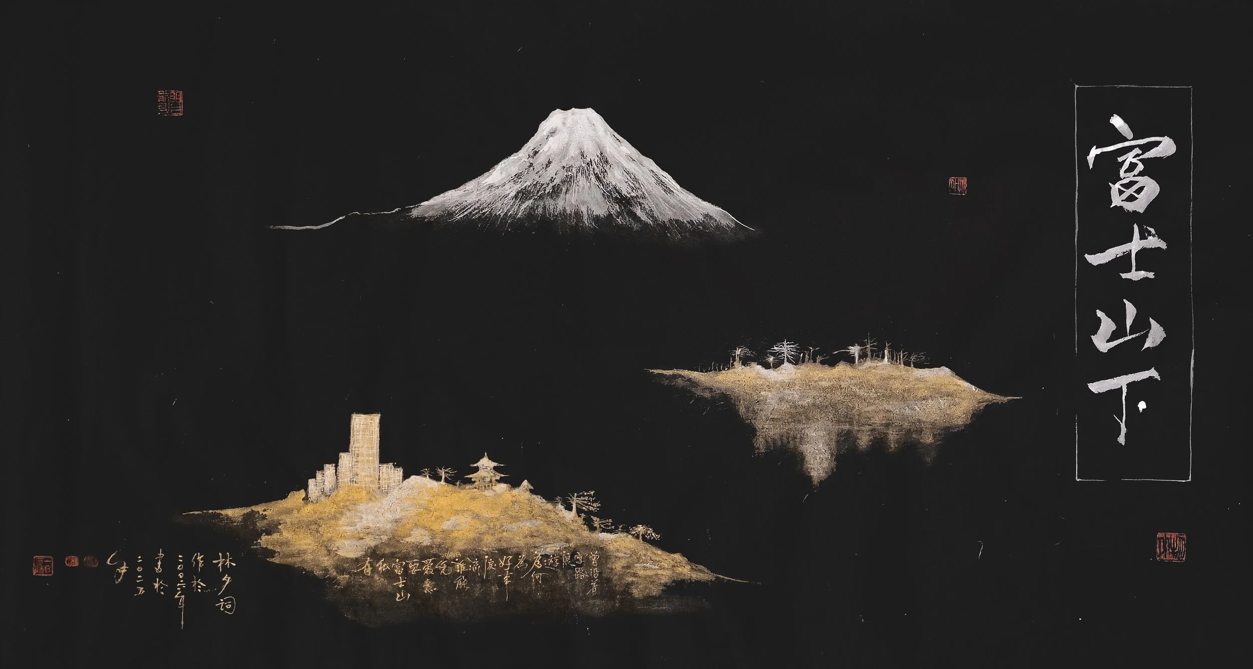 Traditional Japanese ink painting depicting Mount Fuji with snow-capped peak, a smaller island with trees and a pagoda, and a cityscape. Japanese calligraphy and red stamps are present on the right and bottom of the image.
