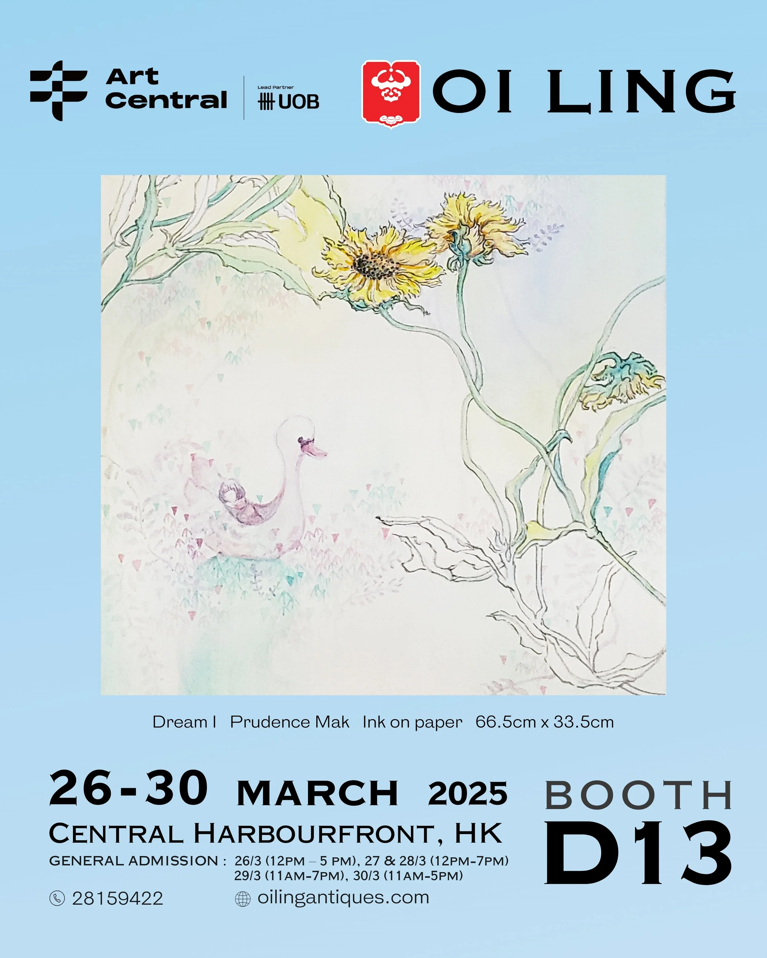 Event poster for Oil Lings art exhibition at Art Central, Hong Kong, March 26-30, 2025, featuring a watercolor painting of sunflowers and a duckling.