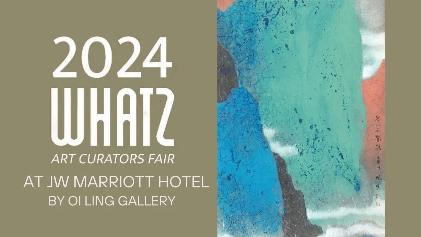 Event poster for the 2024 WHIZ Art Curators Fair at JW Marriott Hotel, organized by Oil Ling Gallery, featuring an abstract painting with blue, green, pink, and black colors.