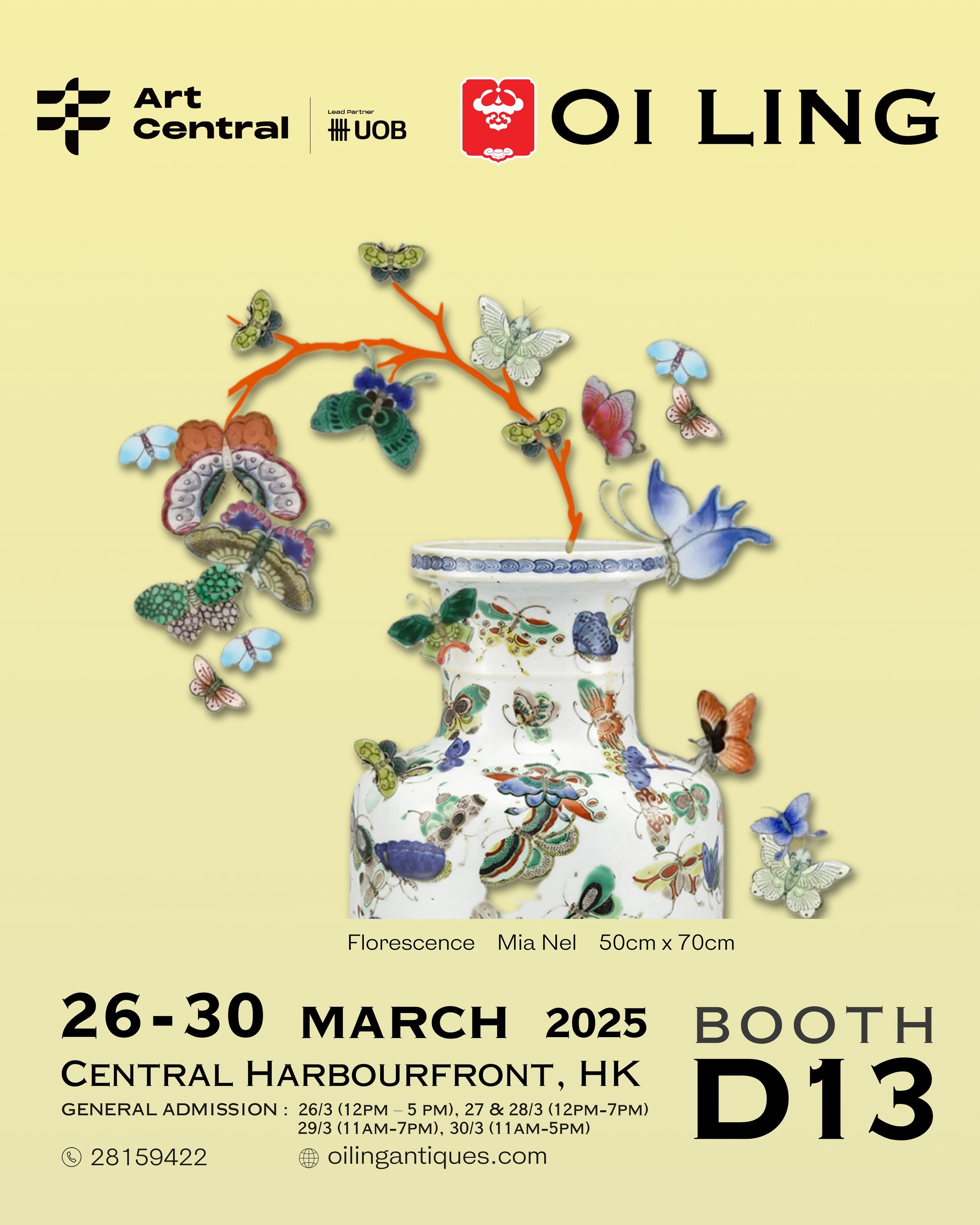 A poster for an art exhibition titled 'Florescence' by Mia Nel, featuring a ceramic vase with colorful butterfly and floral designs, with butterflies flying around and emerging from the vase, at Art Central in Hong Kong, March 26-30, 2025.