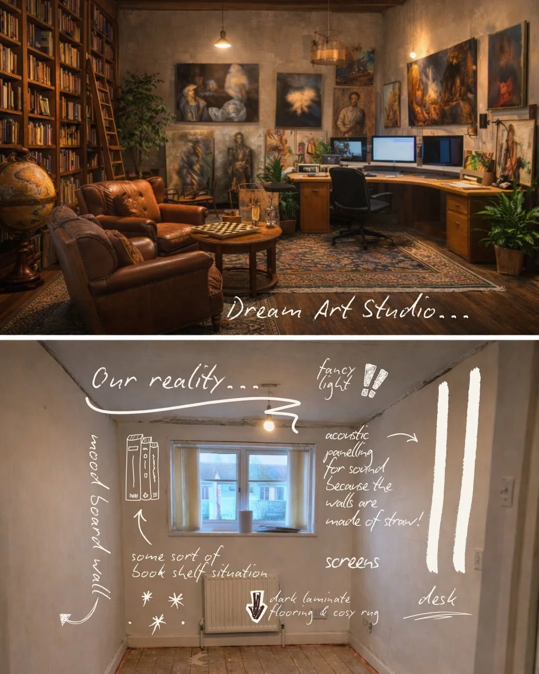 The vision vs the current situation 😅

It&rsquo;s a tiny room, so we&rsquo;re making the most of the space we&rsquo;ve got. Mood boards are helping me see the bigger picture - scroll to find them ➳ Also hoping to squeeze in the globe drinks cabinet 