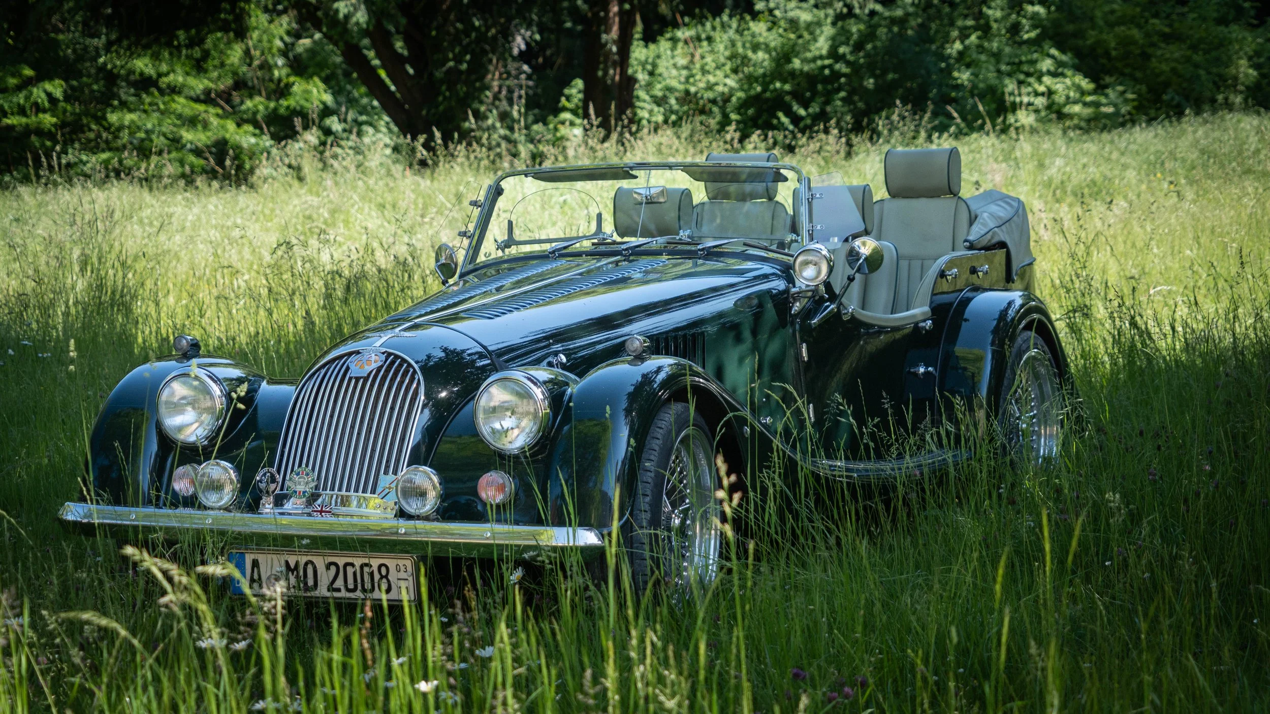 Grüner Morgan als Brautauto und Hochzeitsauto mit Chauffeur auf einer Wiese