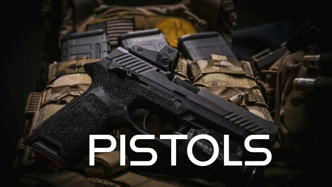 A handgun resting on tactical gear with the word 'PISTOLS' overlayed.