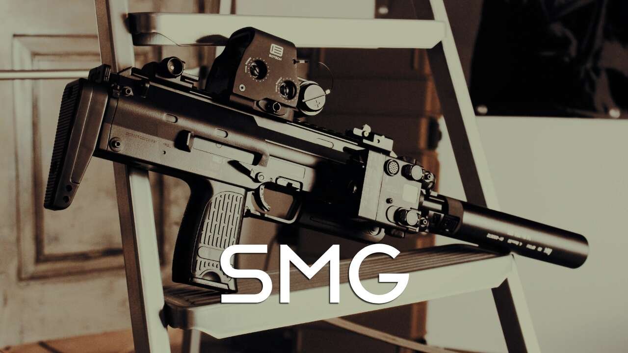 A black semi-automatic pistol with a suppressor, mounted on a white chair with a scope attached, in a room with wooden cabinets.