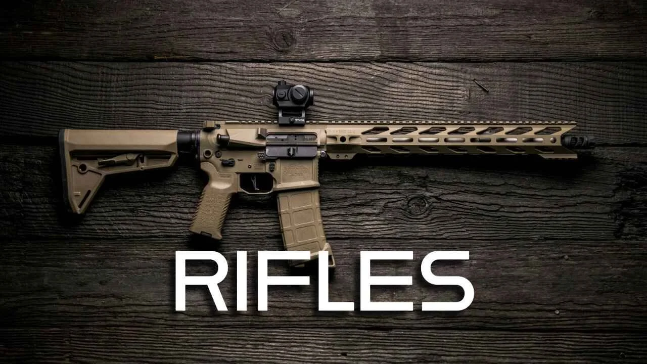 A modern rifle with a tan stock and black components lying on a wooden surface, with the word 'RIFLES' written in white text below.