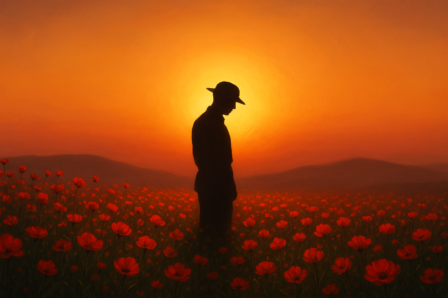 Silhouette of a person wearing a wide-brimmed hat standing in a field of red flowers during sunset with hills in the background.