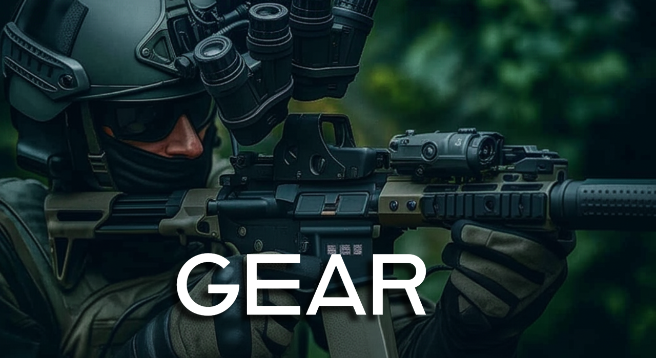 Military soldier in tactical gear aiming a rifle in a forest setting.