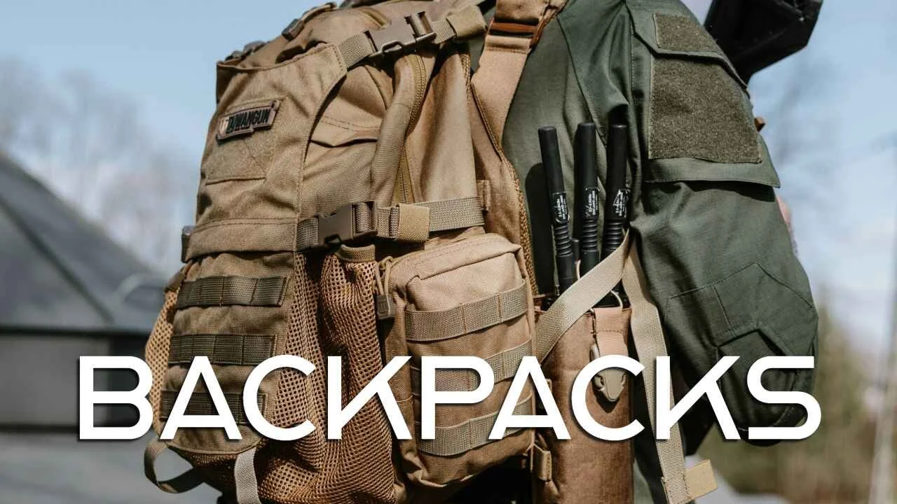 Close-up of a tactical backpack with gear, pens, and straps, outdoors, with word "BACKPACKS" overlaid.