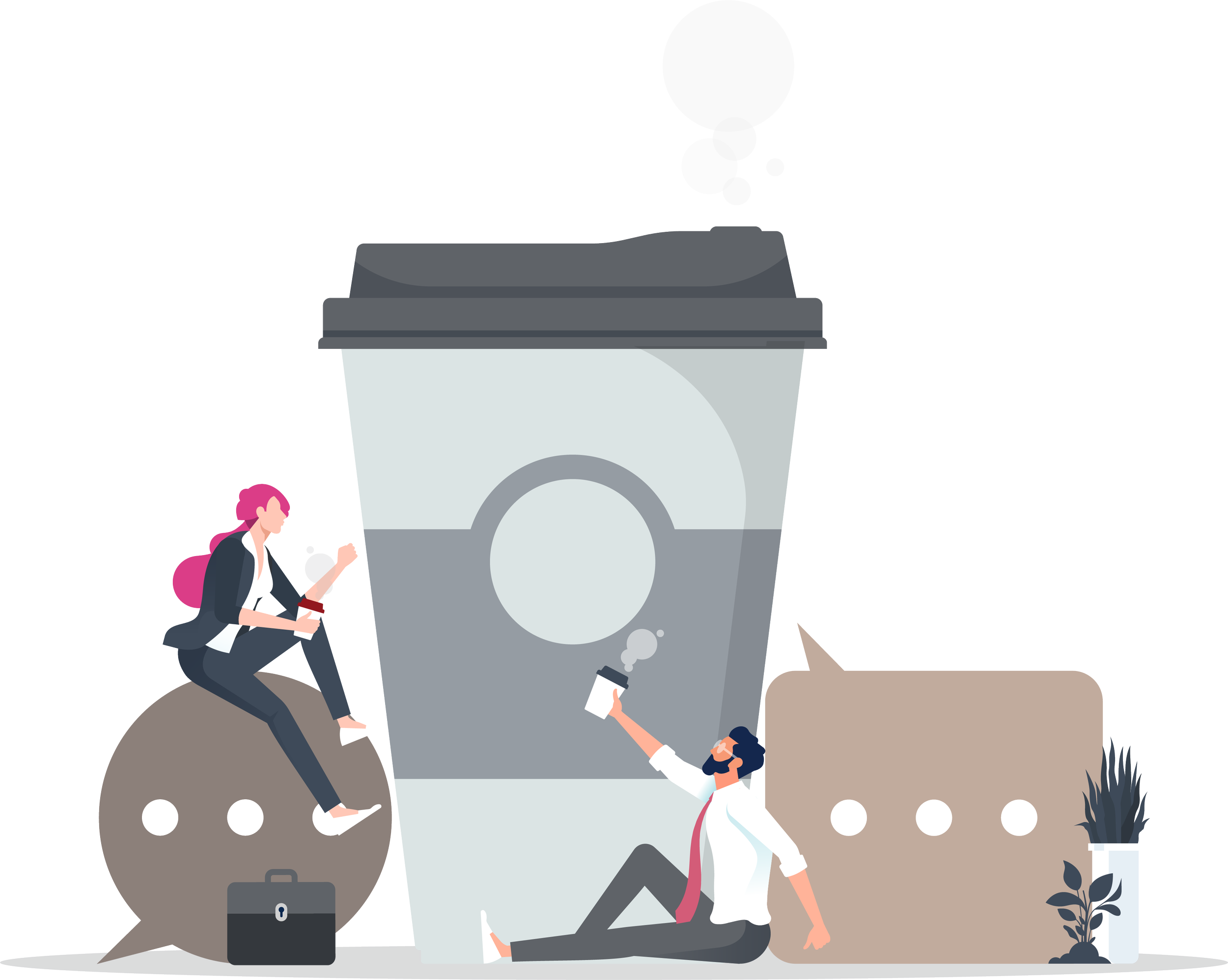 Illustration of a man and a woman having a conversation with a giant coffee cup in the background, surrounded by speech bubbles and plant.
