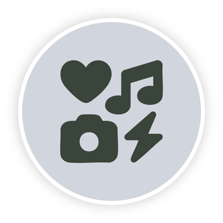 Icons representing love, music, photography, and lightning bolt inside a circular button