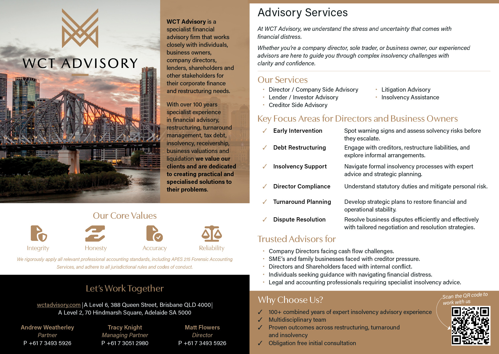 A brochure for WCT Advisory featuring a city skyline with a bridge at sunset on the left, and business services, values, and contact information on the right. The brochure highlights advisory services for financial distress, key focus areas, core values, and reasons to choose WCT Advisory, including experienced professionals and multidisciplinary teams.